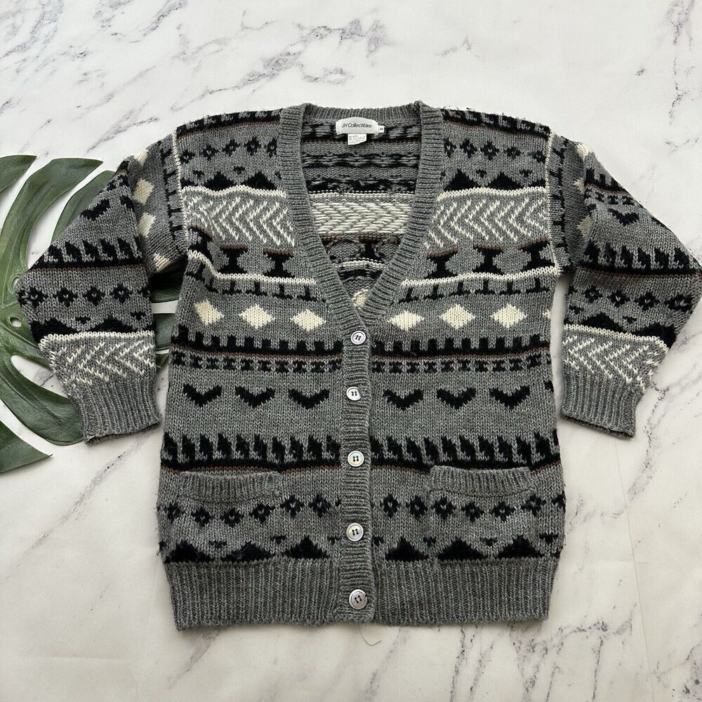JH Collectibles Womens Vintage Cardigan Sweater Size S Gray Black Wool Aplaca